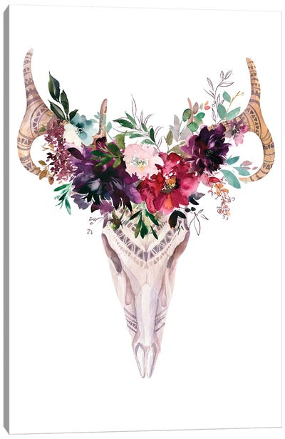 Burgundy Floral Scull Canvas Art Print - Bull Art