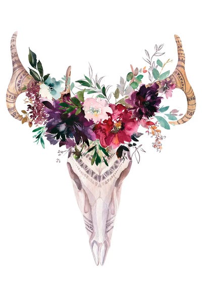 Bulls: Burgundy Floral Scull by Jania Sharipzhanova