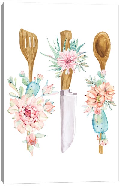 Watercolor Cutlery Flowers Canvas Art Print - Jania Sharipzhanova