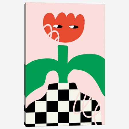 Red Flower Character In Checkboard Vase Canvas Print #SHZ517} by Jania Sharipzhanova Canvas Print