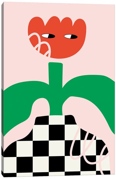Red Flower Character In Checkboard Vase Canvas Art Print