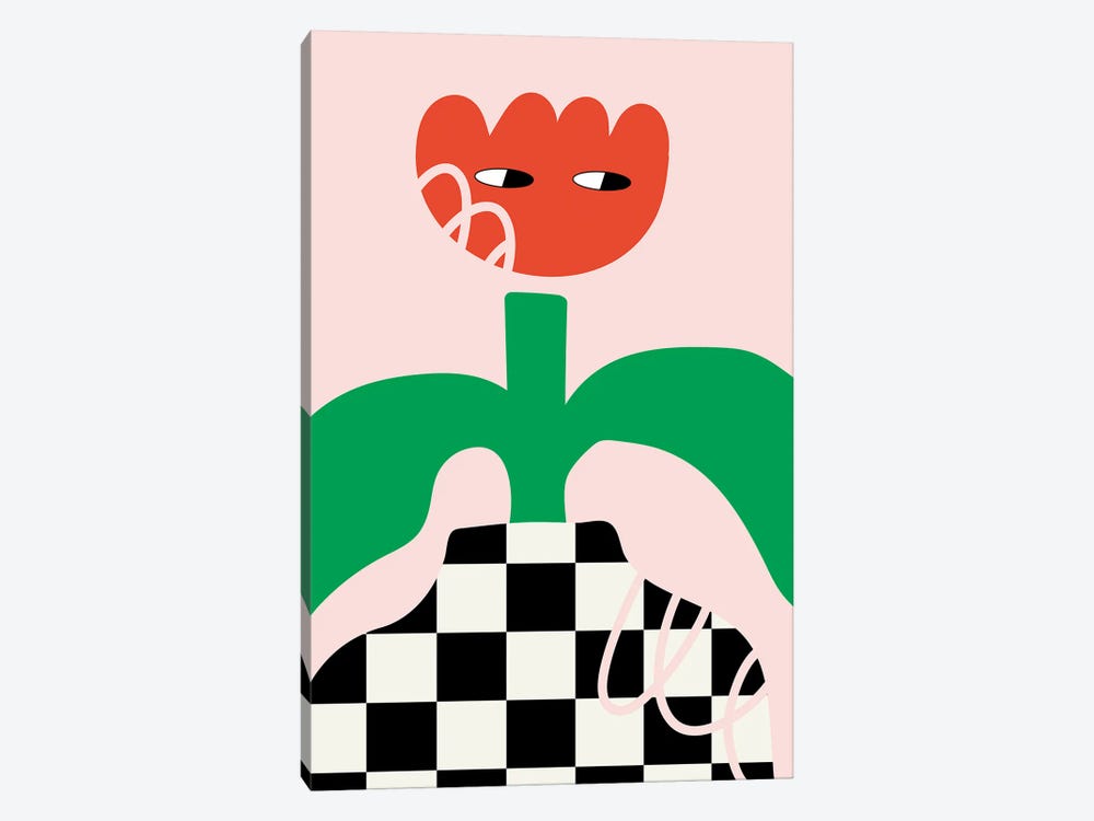 Red Flower Character In Checkboard Vase by Jania Sharipzhanova 1-piece Canvas Artwork