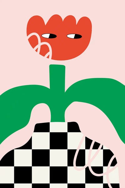 Jania Sharipzhanova: Red Flower Character In Checkboard Vase by Jania Sharipzhanova
