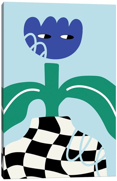 Blue Flower Character In Checkboard Vase Canvas Art Print - Minimalist Flowers