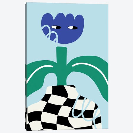 Blue Flower Character In Checkboard Vase Canvas Print #SHZ518} by Jania Sharipzhanova Canvas Art