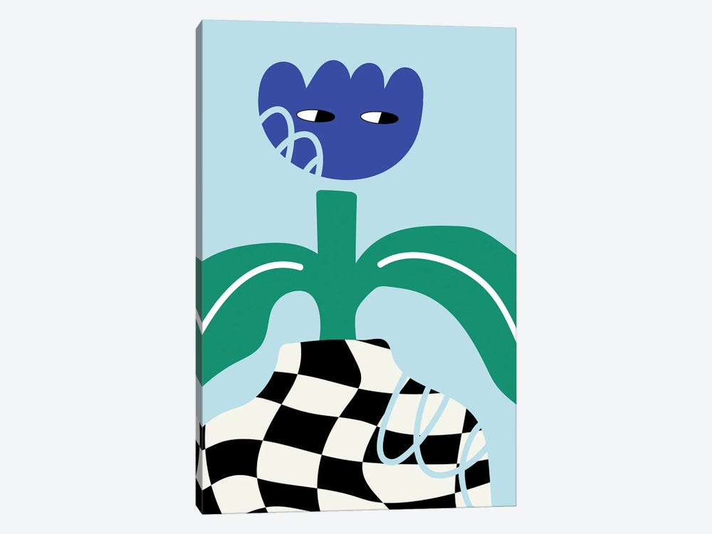 Blue Flower Character In Checkboard Vase by Jania Sharipzhanova 1-piece Art Print