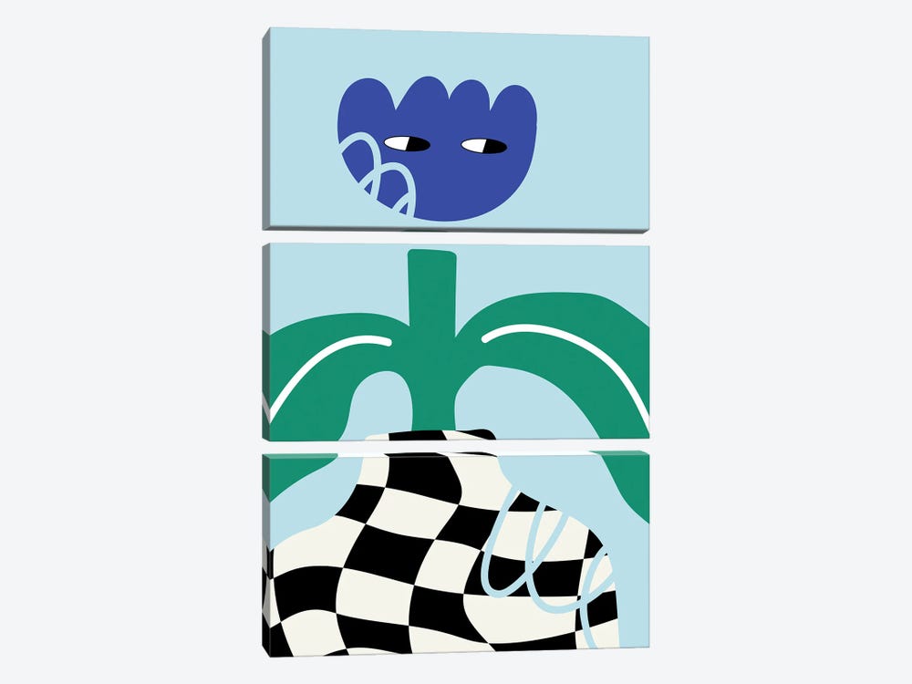 Blue Flower Character In Checkboard Vase by Jania Sharipzhanova 3-piece Art Print