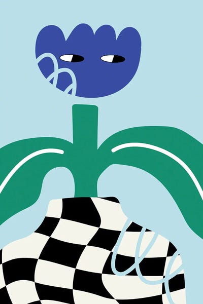 Minimalist Flowers: Blue Flower Character In Checkboard Vase by Jania Sharipzhanova