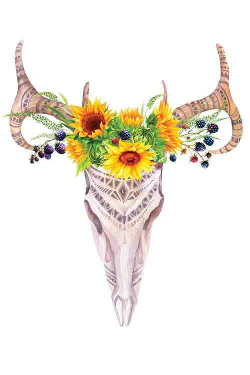 Bull Skull In Sunflower Garland by Jania Sharipzhanova wall art