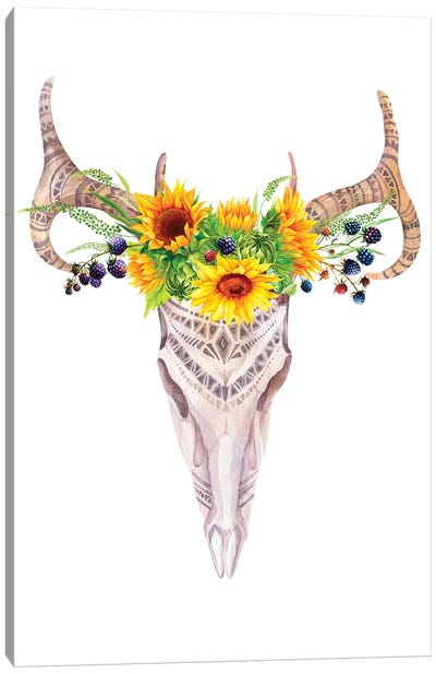 Bull Skull In Sunflower Garland Canvas Art Print - Similar to Georgia O'Keeffe