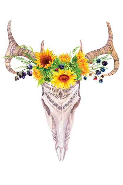 Bulls: Bull Skull In Sunflower Garland by Jania Sharipzhanova