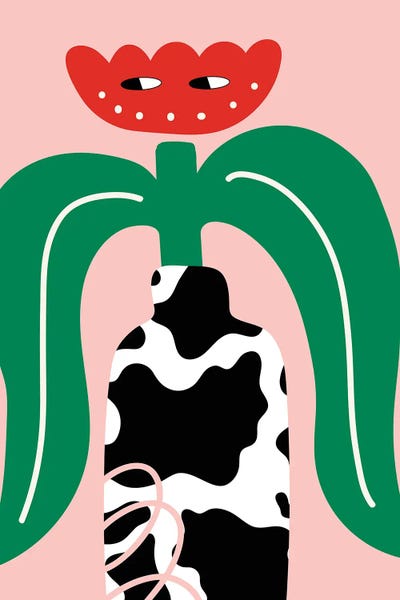 Jania Sharipzhanova: Flower Character In Cow Print Vase by Jania Sharipzhanova