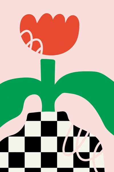 Jania Sharipzhanova: Red Flower In Checkboard Vase by Jania Sharipzhanova