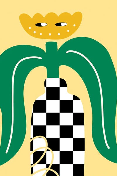 Jania Sharipzhanova: Yellow Flower In Checkboard Vase by Jania Sharipzhanova