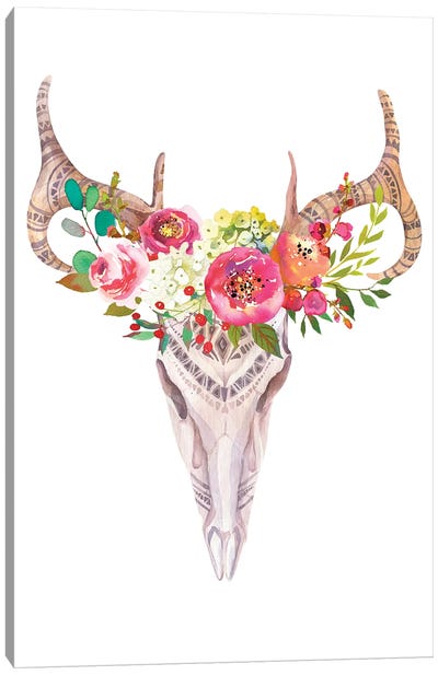 Bull Skull In Roses Garland Canvas Art Print - Similar to Georgia O'Keeffe