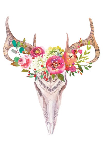 Jania Sharipzhanova: Bull Skull In Roses Garland by Jania Sharipzhanova