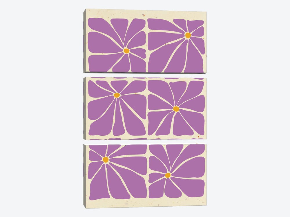 Purple Mid Century Flowers Tile by Jania Sharipzhanova 3-piece Art Print