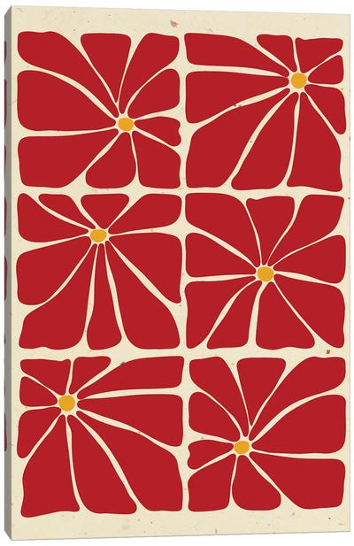 Sienna Mid Century Flowers Tile Canvas Art Print - Red Art