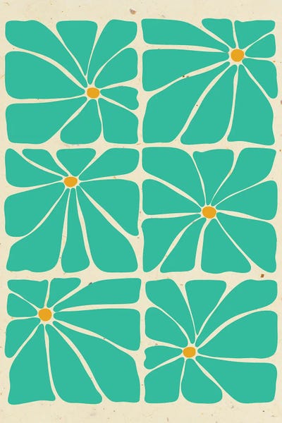 Jania Sharipzhanova: Teal Mid Century Flowers Tile by Jania Sharipzhanova
