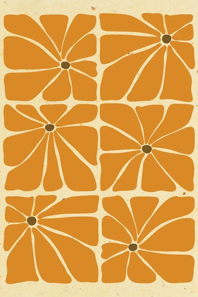 Jania Sharipzhanova: Mustard Mid Century Flowers Tile by Jania Sharipzhanova