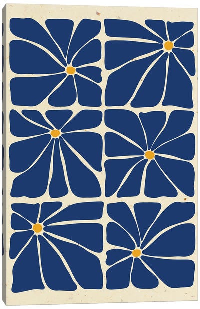 Blue Mid Century Flowers Tile Canvas Art Print - Daisy Art