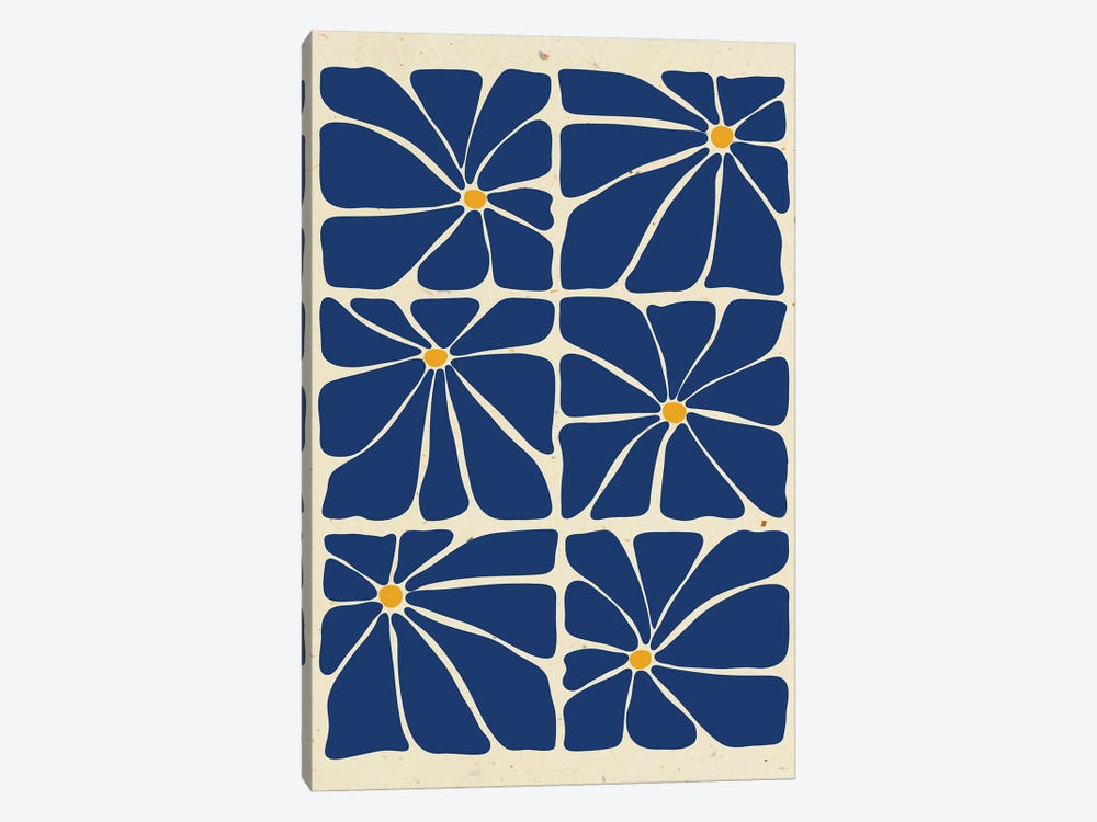 Blue Mid Century Flowers Tile by Jania Sharipzhanova 1-piece Canvas Artwork