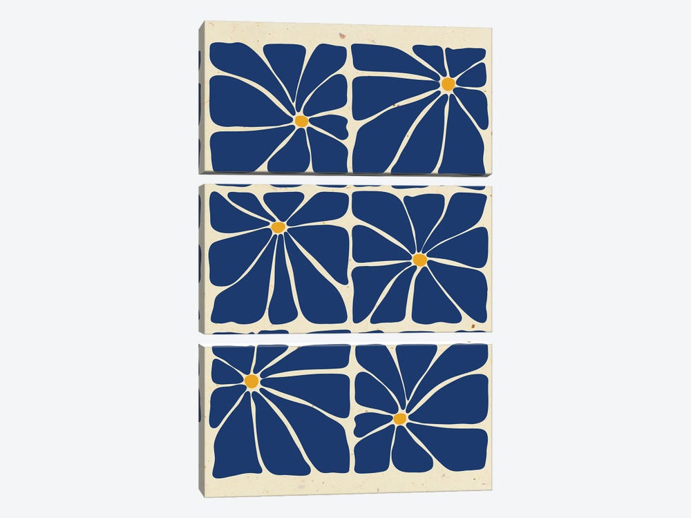 Blue Mid Century Flowers Tile by Jania Sharipzhanova 3-piece Canvas Wall Art