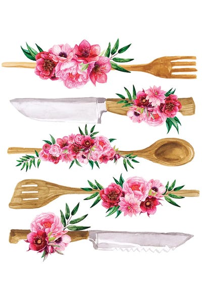 Jania Sharipzhanova: Floral Cutlery Print by Jania Sharipzhanova