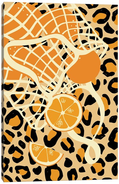 Mesh Bag On Cheetah Pattern Canvas Art Print - Orange Art