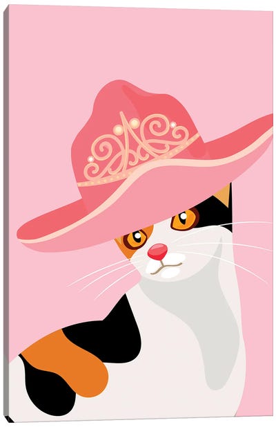 Calico Cat In Tiara Cowgirl Hat Canvas Art Print - Jania Sharipzhanova