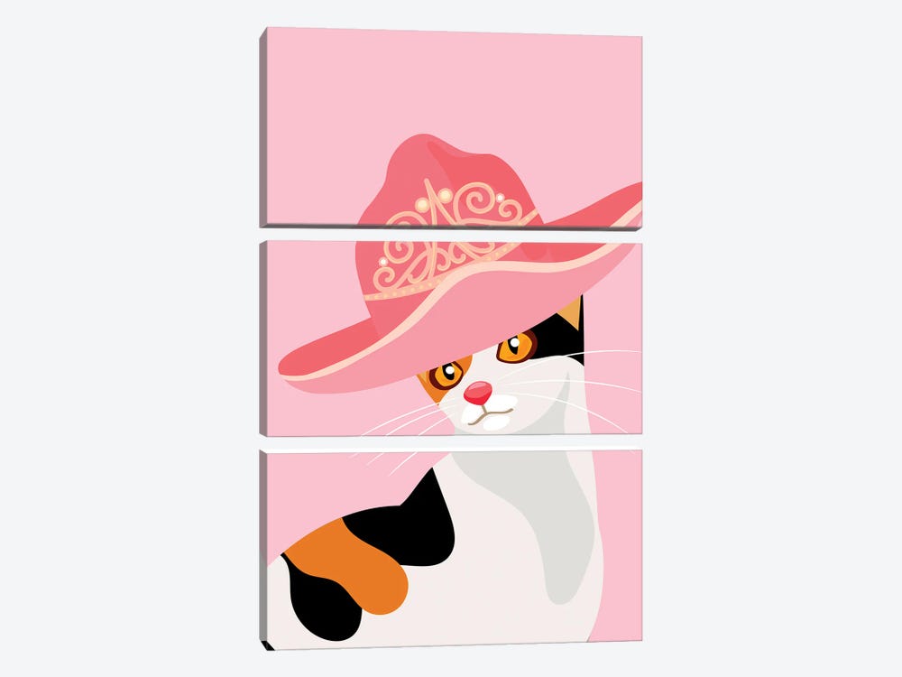 Calico Cat In Tiara Cowgirl Hat by Jania Sharipzhanova 3-piece Canvas Print