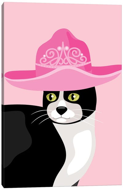 Tuxedo Cat In Tiara Cowgirl Hat Canvas Art Print - Jania Sharipzhanova