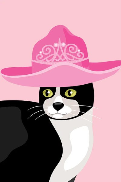 Jania Sharipzhanova: Tuxedo Cat In Tiara Cowgirl Hat by Jania Sharipzhanova