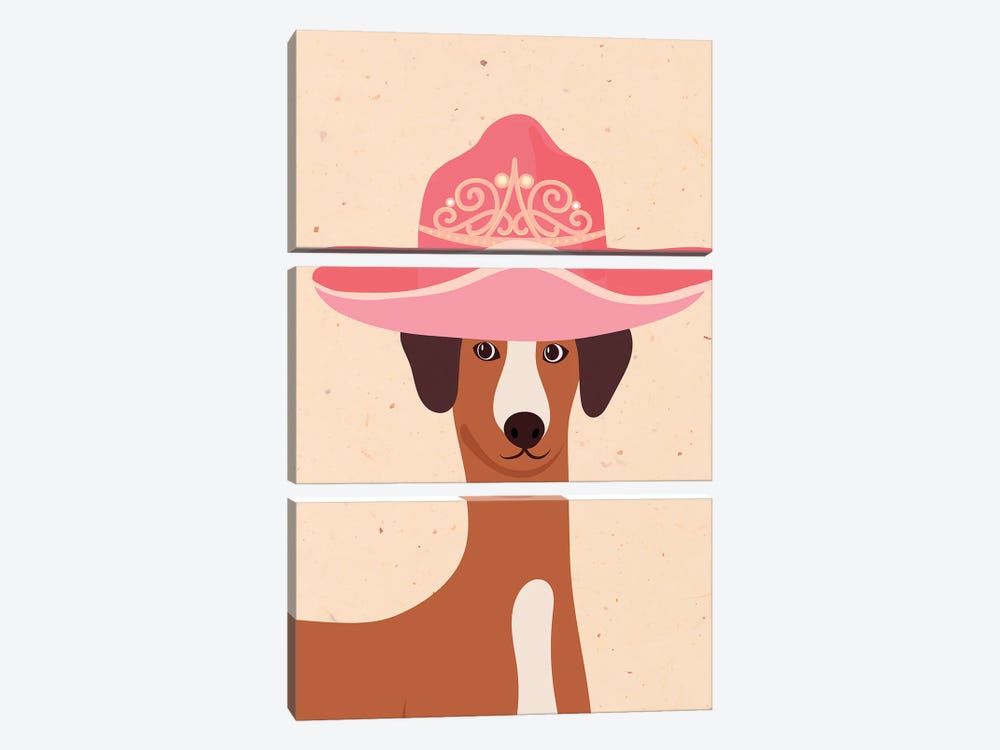 Greyhound In Tiara Cowgirl Hat by Jania Sharipzhanova 3-piece Canvas Wall Art