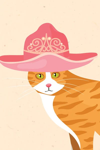 Orange Cat In Tiara Cowgirl Hat by Jania Sharipzhanova art print