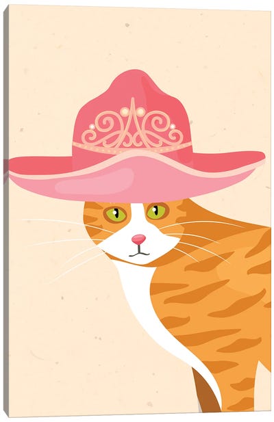 Orange Cat In Tiara Cowgirl Hat Canvas Art Print - Jania Sharipzhanova