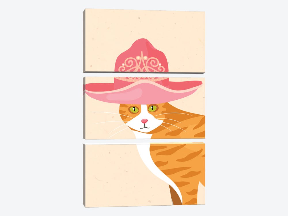 Orange Cat In Tiara Cowgirl Hat by Jania Sharipzhanova 3-piece Canvas Art
