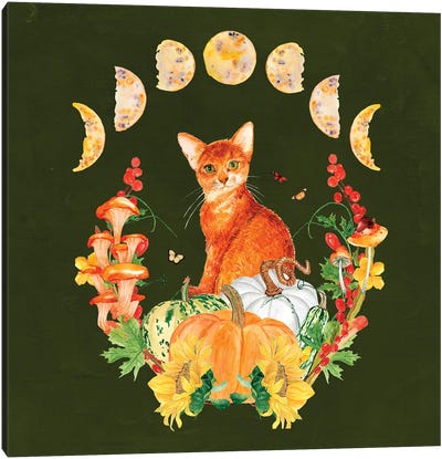 Cottagecore Orange Cat Canvas Art Print - Pumpkins