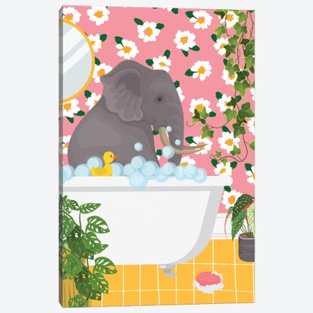 Elephant In Bathtub - Pink Bathroom Canvas Print #SHZ621} by Jania Sharipzhanova Canvas Art