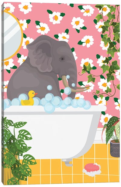 Elephant In Bathtub - Pink Bathroom Canvas Art Print - Jania Sharipzhanova