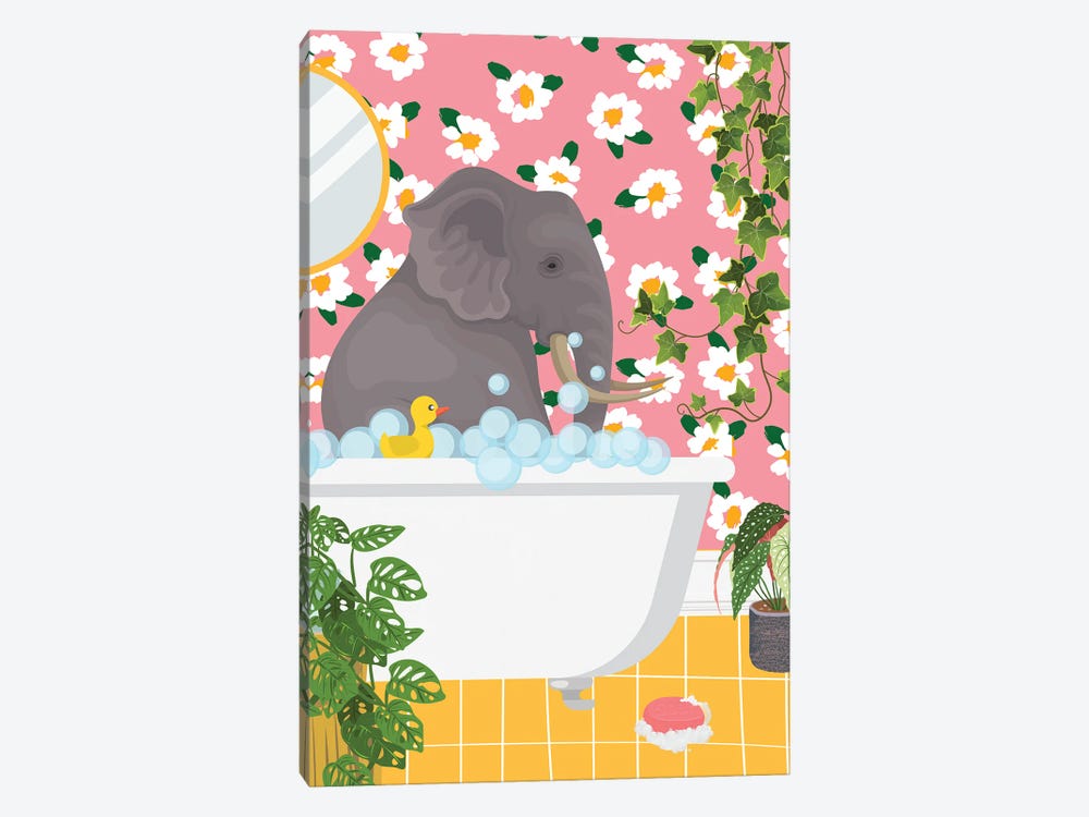 Elephant In Bathtub - Pink Bathroom by Jania Sharipzhanova 1-piece Canvas Art Print
