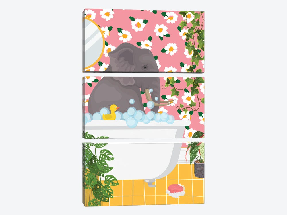 Elephant In Bathtub - Pink Bathroom by Jania Sharipzhanova 3-piece Art Print