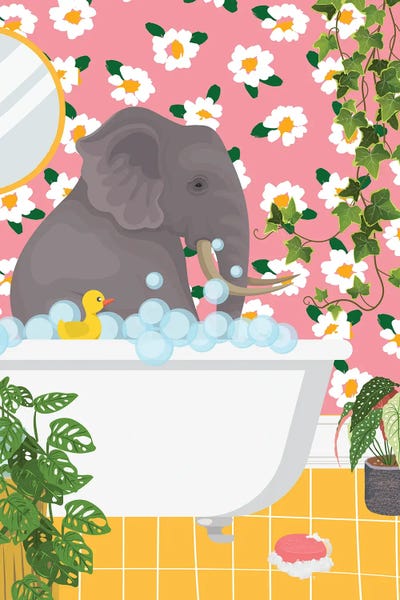 Jania Sharipzhanova: Elephant In Bathtub - Pink Bathroom by Jania Sharipzhanova