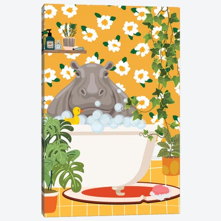 Hippo In Bathtub Canvas Print #SHZ623} by Jania Sharipzhanova Canvas Art
