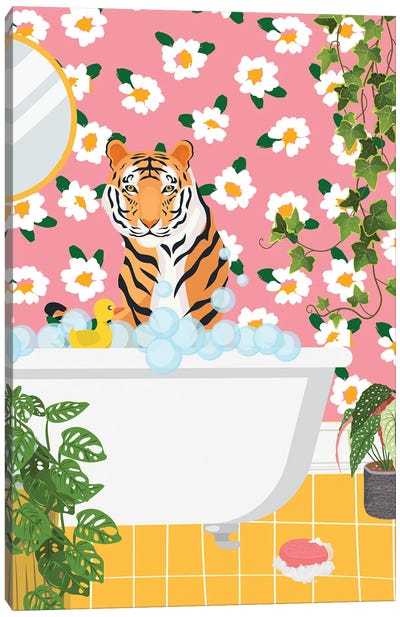 Tiger In Bathtub - Pink Bathroom Canvas Art Print - Jania Sharipzhanova