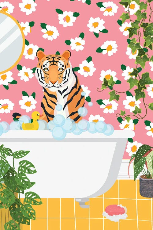 Tiger In Bathtub - Pink Bathroom