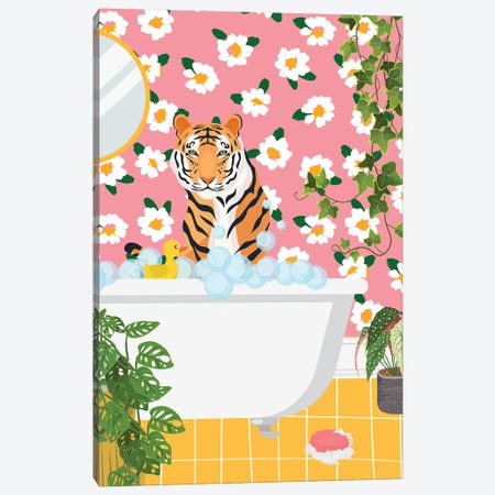 Tiger In Bathtub - Pink Bathroom Canvas Print #SHZ624} by Jania Sharipzhanova Art Print