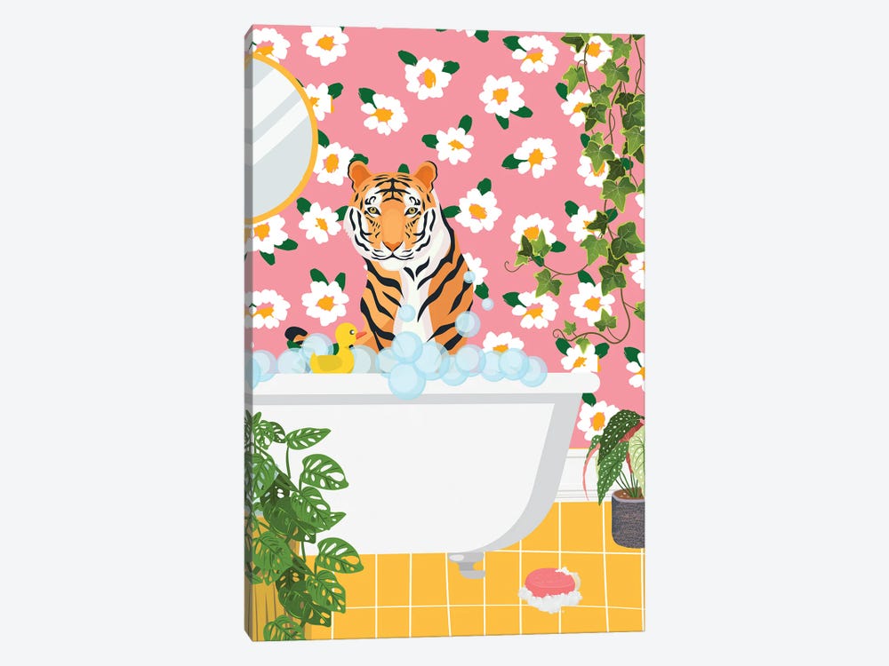 Tiger In Bathtub - Pink Bathroom by Jania Sharipzhanova 1-piece Canvas Wall Art