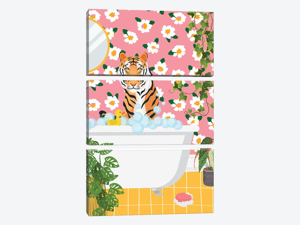 Tiger In Bathtub - Pink Bathroom by Jania Sharipzhanova 3-piece Canvas Artwork