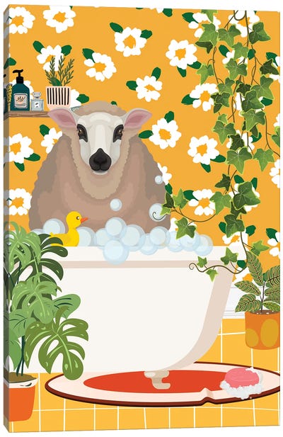 Sheep In Bathtub - Yellow Bathroom Canvas Art Print - Jania Sharipzhanova